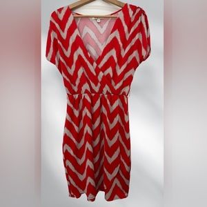 Red and Cream Faux Wrap Dress by Corey P, Size Small